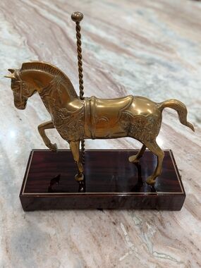 Vintage Sankyo Solid Brass Carousel Horse Music Box With Wood Base